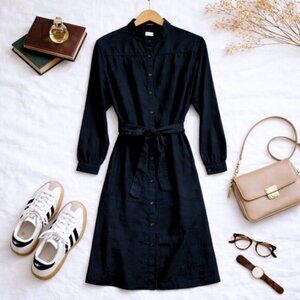 Vintage Henry-Lee Black Button Front Shirt Dress Belted Midi 70s Workwear
